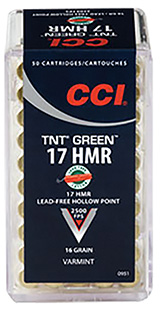 CCI GREEN LEAD FREE 17HMR 16GR TNT-HP 2500FPS 50RD 40BX/CS - for sale