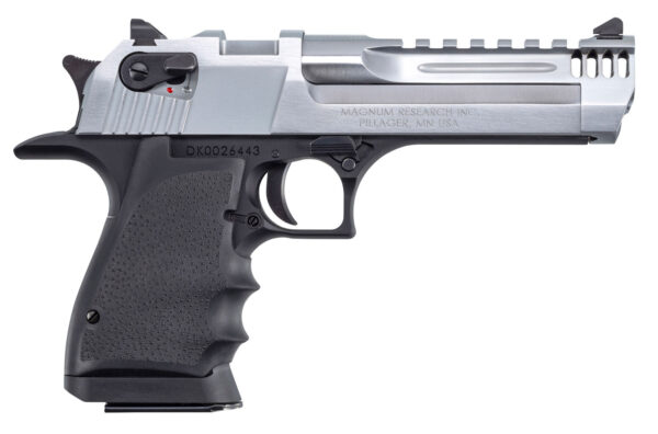 Magnum Research DE50L5BC Desert Eagle L5 50 AE 5" with Muzzle Brake 7+1 Black Hardcoat Anodized Aluminum Frame Brushed Chrome Carbon Steel Slide Black Hogue Wraparound Rubber Grip