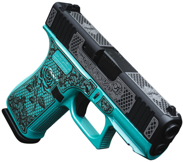 Glock UX4350204FRGLTB G43X  Sub-Compact Frame 9mm 10+1 3.41" Black GMB Barrel Black w/White Scroll Cerakote Serrated Steel Slide, Tiffany Blue Lace w/Rose Cerakote Polymer Frame & Grip