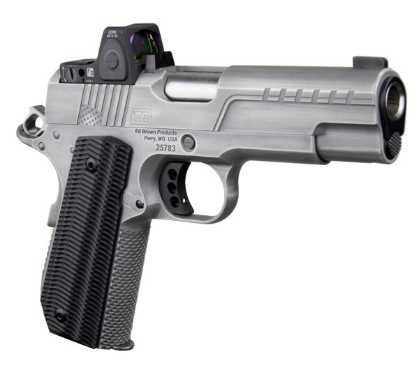 Ed Brown FX2SS FX2  45 ACP 7+1 4.25" Recessed Crown Barrel, Stainless Steel Engraved American Flag/Serrated Slide, Stainless Steel Frame, Trijicon RMRcc 3.25 MOA Sight