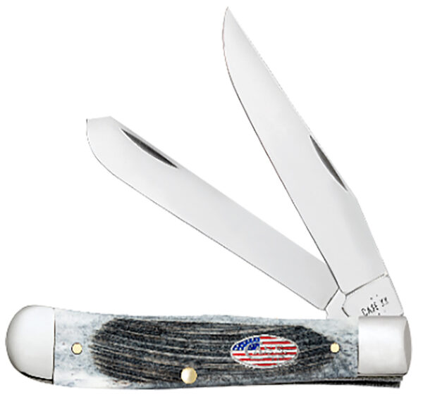 Case 53060 Trapper Stars & Stripes 3.24"/3.27" Folding Clip Point/Spey Plain Mirror Polished Tru-Sharp SS Blade, Sawcut Jig Gray Bone Handle, American Flag Shield