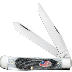 Case 53061 Stockman Stars & Stripes Medium 2.57"/1.88"/1.71" Folding Clip Point/Pen/Sheepsfoot Plain Mirror Polished Tru-Sharp SS Blade, Sawcut Jig Gray Bone Handle, American Flag Shield