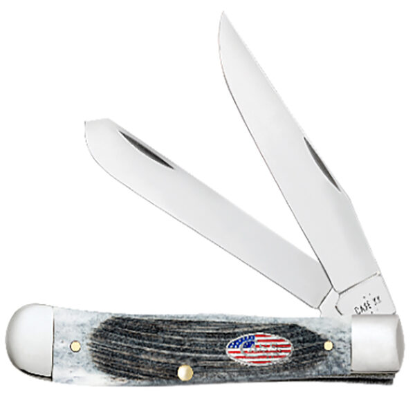 Case 53061 Stockman Stars & Stripes Medium 2.57"/1.88"/1.71" Folding Clip Point/Pen/Sheepsfoot Plain Mirror Polished Tru-Sharp SS Blade, Sawcut Jig Gray Bone Handle, American Flag Shield