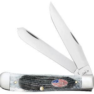 Case 53065 Canoe Stars & Stripes Folding Plain Edge 1.97 Pen/2.60" Spear Point, Mirror Polished Stainless Steel Blade, Jigged Gray Bone Handle, American Flag Shield