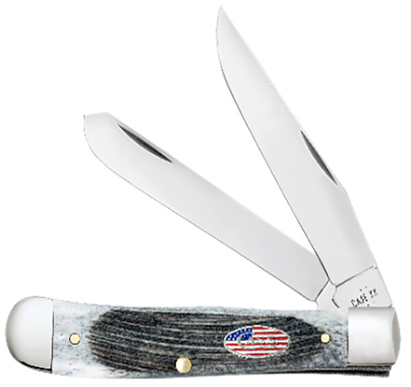 Case 53065 Canoe Stars & Stripes Folding Plain Edge 1.97 Pen/2.60" Spear Point, Mirror Polished Stainless Steel Blade, Jigged Gray Bone Handle, American Flag Shield