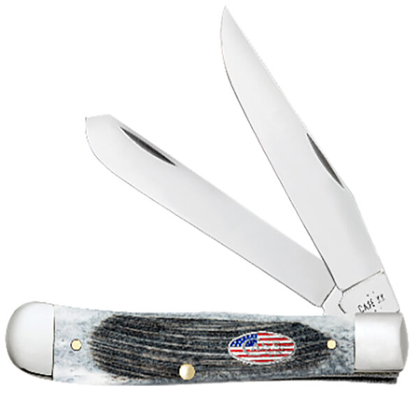 Case 53066 Trapper Stars & Stripes Mini Folding Plain Edge 2.70" Clip Point/2.80" Spey,  Mirror Polished Carbon Steel Blade, Jigged Gray Bone Handle, American Flag Shield