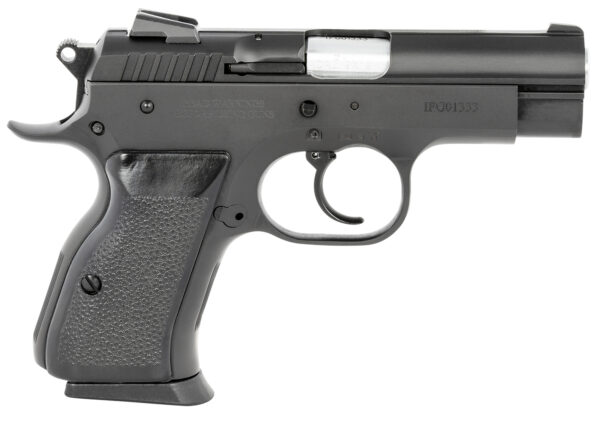 Tanfoglio TFCOMBATC9 Combat  Compact Frame 9mm Luger 13+1, 3.62" Stainless Steel Barrel, Black Serrated Steel Slide & Frame w/Beavertail, Black Polymer Grip