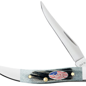 Case 53064 Texas Toothpick Stars & Stripes Small 2.25" Folding Clip Point Plain Mirror Polished Tru-Sharp SS Blade, Jigged Gray Bone Handle, American Flag Shield