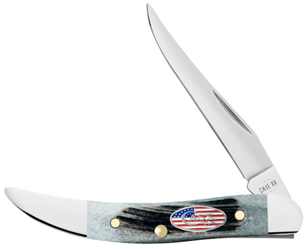 Case 53064 Texas Toothpick Stars & Stripes Small 2.25" Folding Clip Point Plain Mirror Polished Tru-Sharp SS Blade, Jigged Gray Bone Handle, American Flag Shield