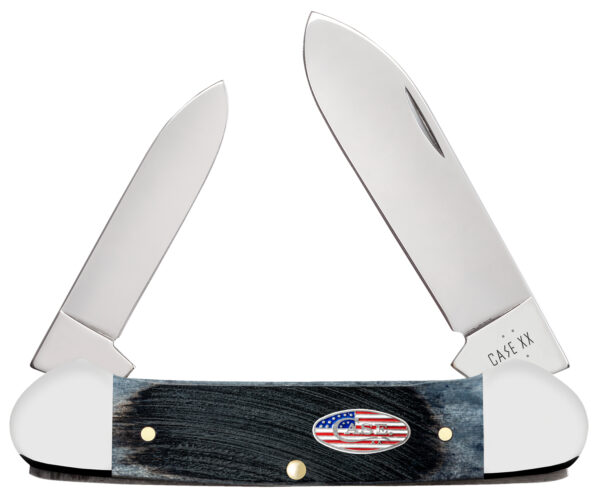 Case 53065 Canoe Stars & Stripes Folding Plain Edge 1.97 Pen/2.60" Spear Point, Mirror Polished Stainless Steel Blade, Jigged Gray Bone Handle, American Flag Shield