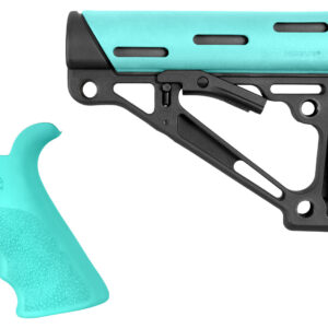 Hogue 13455 OverMolded 2-Piece Kit Collapsible Aqua OverMolded Rubber Black & Aqua Rubber Grip for AR15, M16 with Commercial Tube (Tube Not Included)