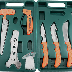 AccuSharp 728C Game Processing Kit Butcher/Caper/Gut-Hook/Bone Saw/Ribcage Spreader Gut Hook/Saw/Plain Stainless Steel Blade Orange FRN Handle