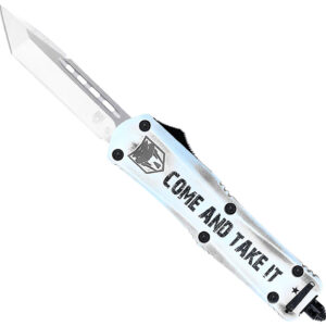 CobraTec Knives SCATIFS3TNS FS-3 Come And Take It Small 3" OTF Tanto Plain Satin D2 Steel Blade, 4.50" White "Come And Take It" Aluminum Cerakoted Handle