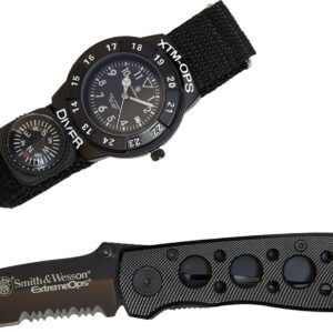 S&W SWXTMOPS2 S&W Extreme Ops Combo 3.18" Folding Plain Black 420 Stainless Steel Blade, Black Handle, Watch w/Compass