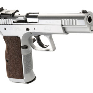 Tanfoglio IFG TF-LIMPRO-38 Defiant Limited Pro 38 Super Caliber with 4.80" Barrel, 17+1 Capacity, Overall Hard Chrome Finish Steel, Beavertail Frame, Serrated Slide & Brown Polymer Grip