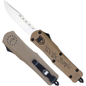 CobraTec Knives SWTPFS3DNS FS-3 We The People Small 2.75" OTF Drop Point Plain Aluminum Cerakoted D2 Steel Blade, Tan "We The People" Aluminum Handle