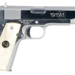 Iver Johnson Arms 1911A138CHRWP   38 Super 8+1 5" Stainless Steel Barrel, Bright Polish Chrome Serrated Stainless Steel Slide, Pearl Grips